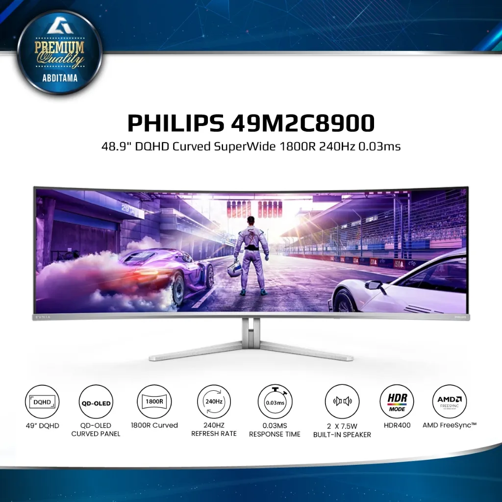Monitor QD-OLED Philips EVNIA 49M2C8900 48.9" 5120 x 1440 DQHD 32:9 Curved SuperWide 1800R 240Hz 0.03ms HDMI 2.1 x2 DP 1.4 x1 DisplayHDR TrueBlack 400 delivers incredible shadow details AMD FreeSync Premium Pro DTS Sound with 30W output for enhanced audio