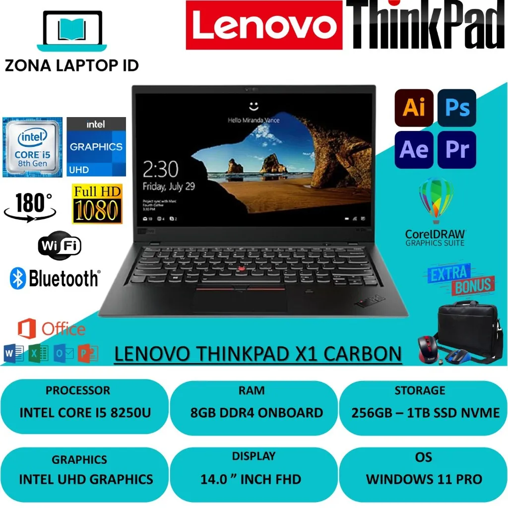 Laptop Lenovo Thinkpad X1 CARBON Core i5 Gen 8th Ram 8gb SSD 512GB Laptop Second MURAH BERKUALITAS
