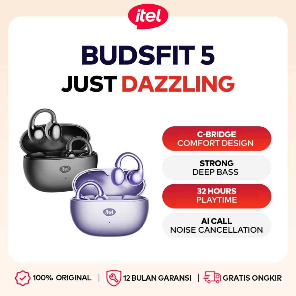 itel BudsFit 5 Open-Ear TWS Bluetooth 5.4 Design C-Brigde Deep Bass 12mm, 32 Jam Playtime, IP54 Sport Earbuds AI Noise Cancelling, Pengisian Daya Cepat
