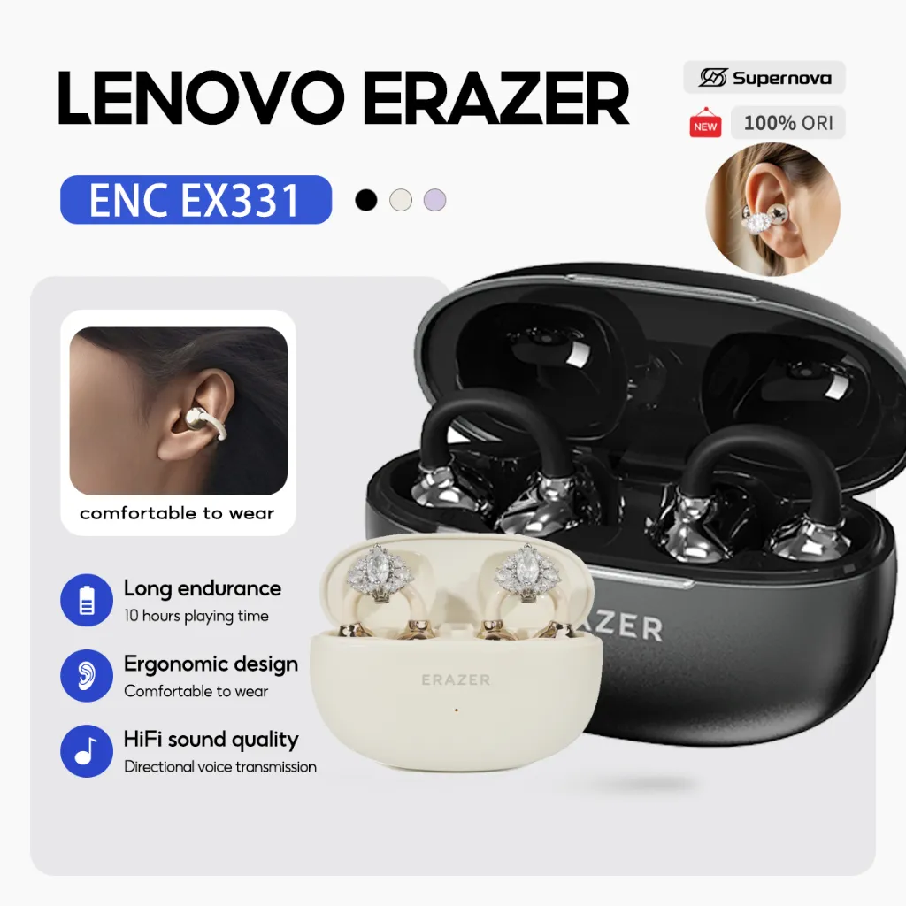 Supernova x Lenovo ERAZER EX331 ENC Bone Conduction Open-Ear Wireless Bluetooth Earphone OWS IPX5 Waterproof Ear Clip
