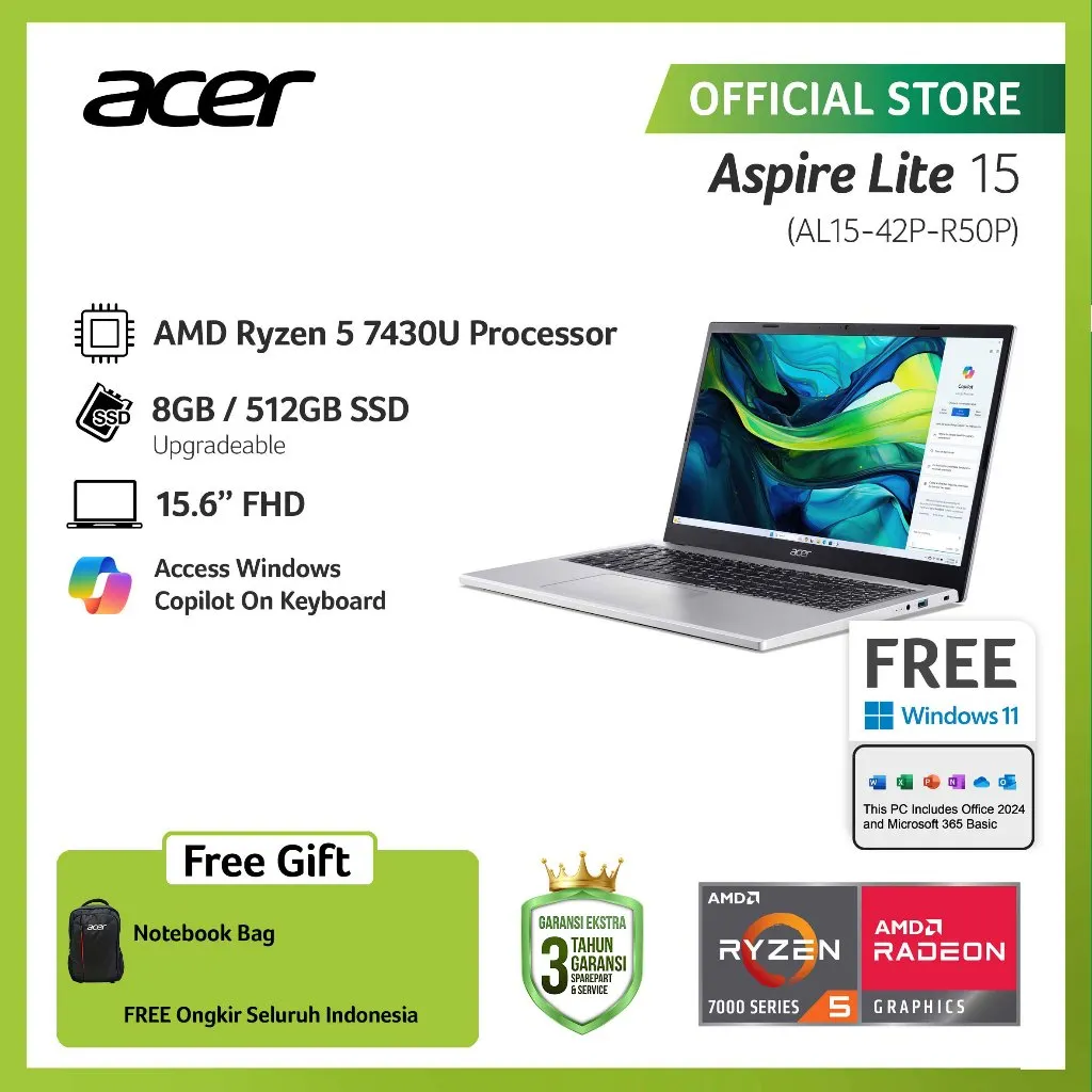 ACER LAPTOP ASPIRE LITE 15 AL15-42P-R50P 15.6" FHD AMD RYZEN 5 7430U RAM 8GB STORAGE 512GB SSD AMD RADEON GRAPHICS WINDOWS 11