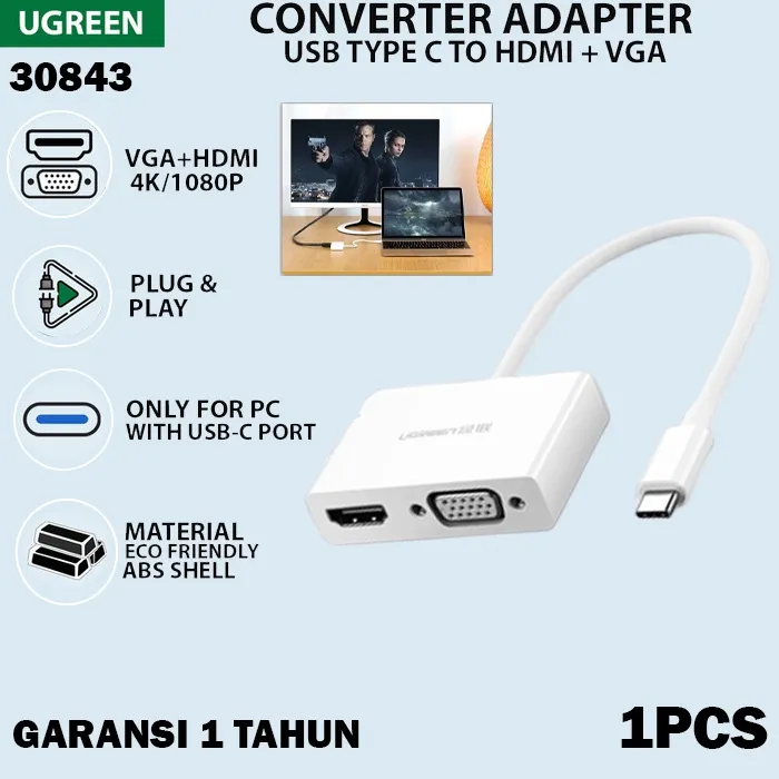 UGREEN Adaptor Video Converter 2In1 USB Type C To HDMI + VGA untuk Laptop Macbook Air Pro Huawei Matebook Asus Zenbook Sambungan Adapter ke Layar Monitor TV LED LCD 30843