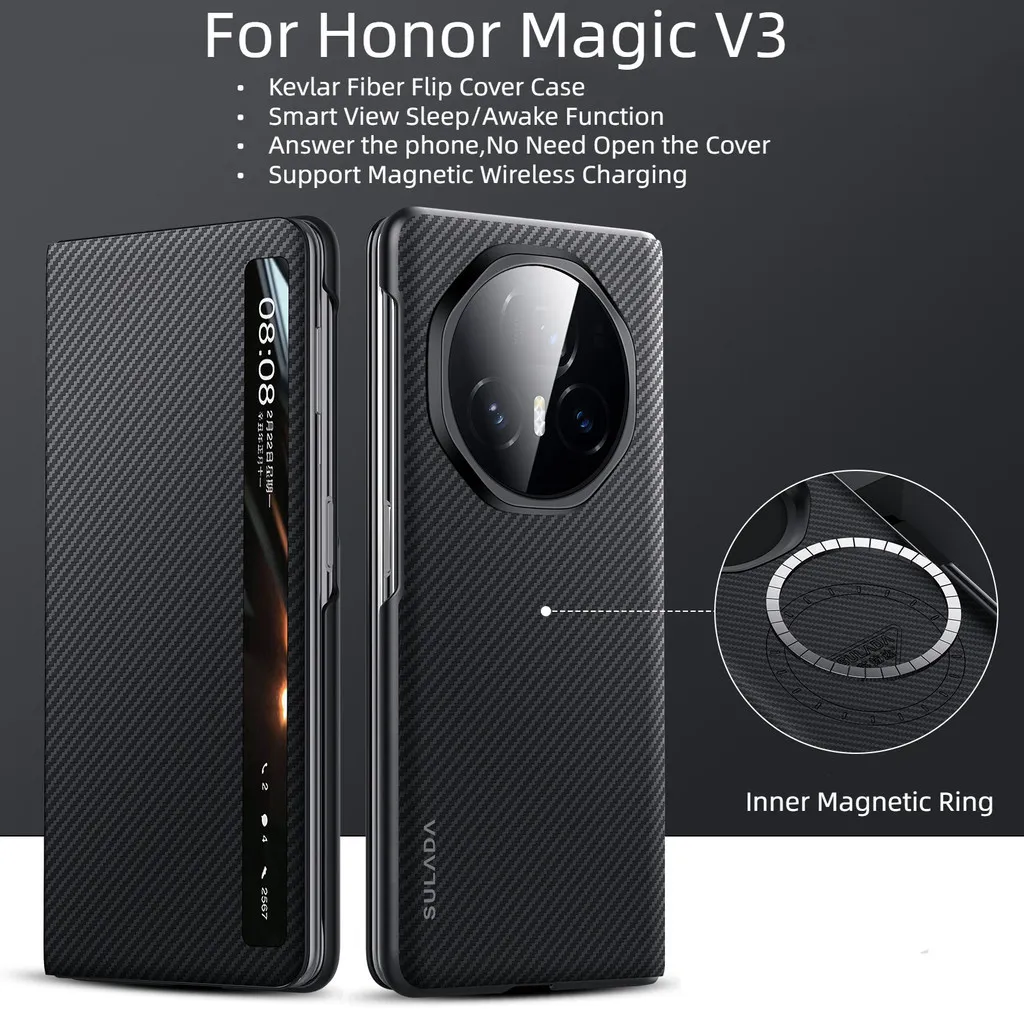 Fungsi Tidur Mewah Tekstur Kevlar Magnetik Pengisian Flip Smart Case Untuk Honor Magic V3 Vs3 5G Shockproof Phone Cover Casing