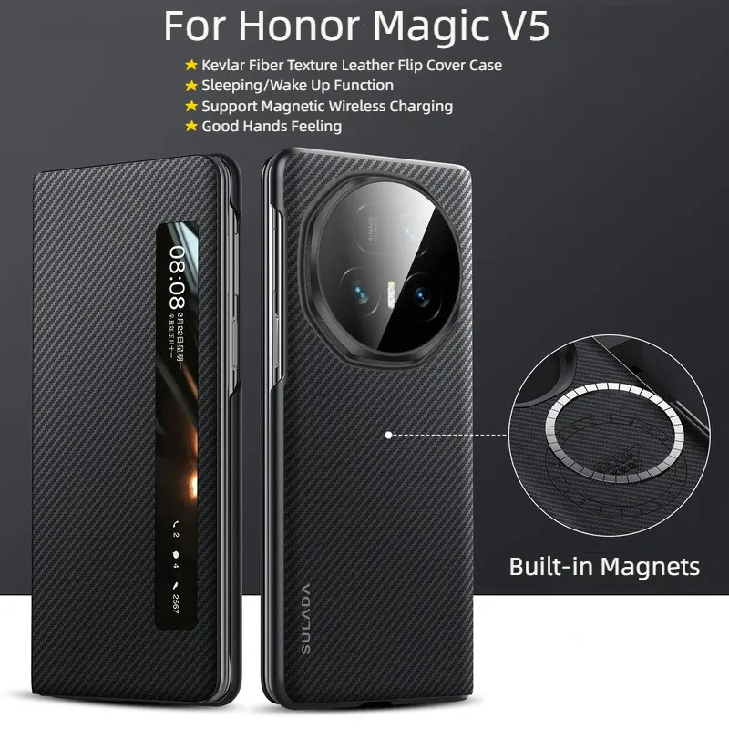Untuk Honor Magic V5 V 5 MagicV5 Kasus Mewah Tekstur Serat Karbon Tidur Fungsi Bangun Magnetik Pengisian nirkabel Smart Flip Phone Cover Casing Untuk Honor Magic V5