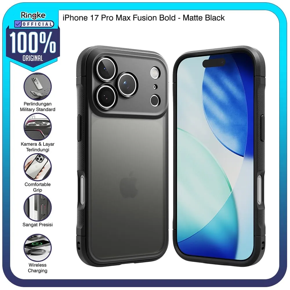 Ringke for iPhone 17 Pro Max Fusion Bold Matte Black Hitam Case No Yellowing Tipis Softcase Slim Armor Tough Rugged Casing Hardcase Full Cover Melindungi Layar Kamera Cover Handphone Shockproof Anti Slip Anti Crack Hybrid PC TPU Thin Fit Military Drop