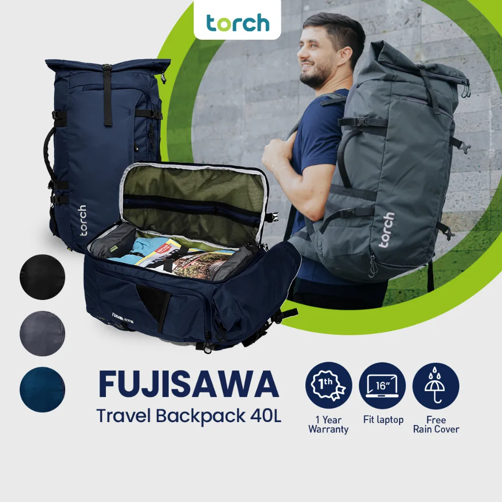 TORCH Fujisawa Tas Ransel Travelling Mudik Punggung Kerja Travel Laptop 15 Inchi Inch Pria Wanita Unisex Tahan Air Muat Banyak 45+3 Liter - Travel Backpack Roll Top Water Ressistant Rain Cover