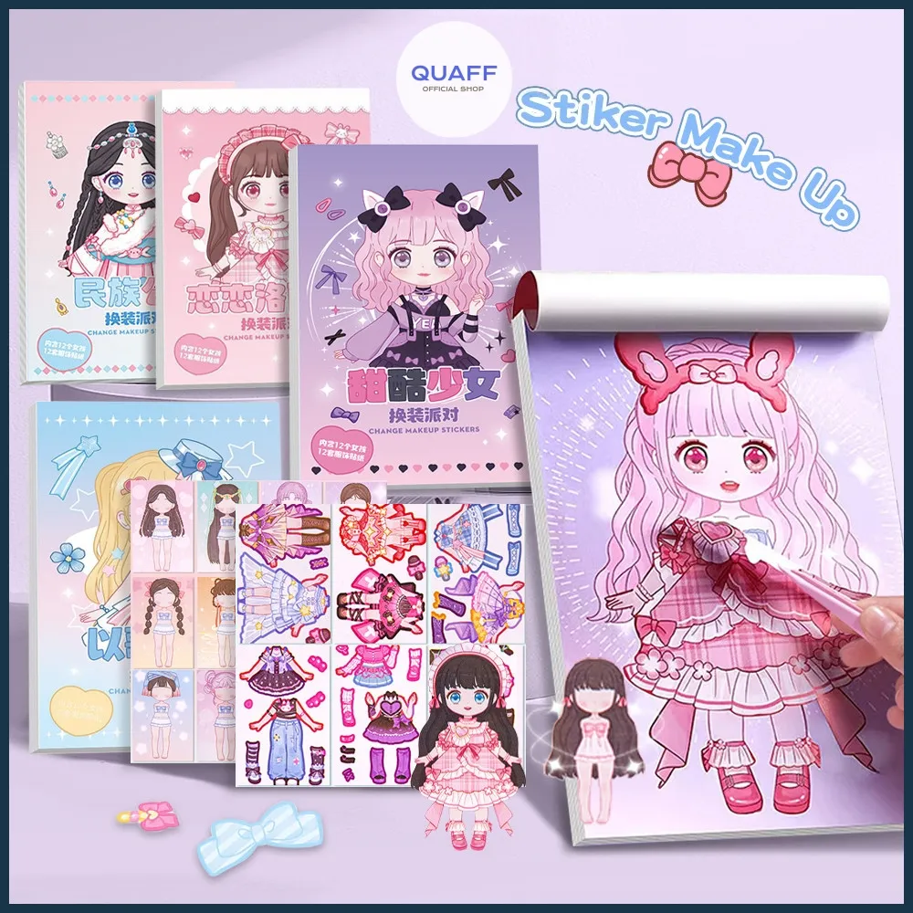 QUAFF Stiker Berdandan Make-Up Princess Style Stiker Diy Stiker Lucu Kartun Berdandan Anak Perempuan