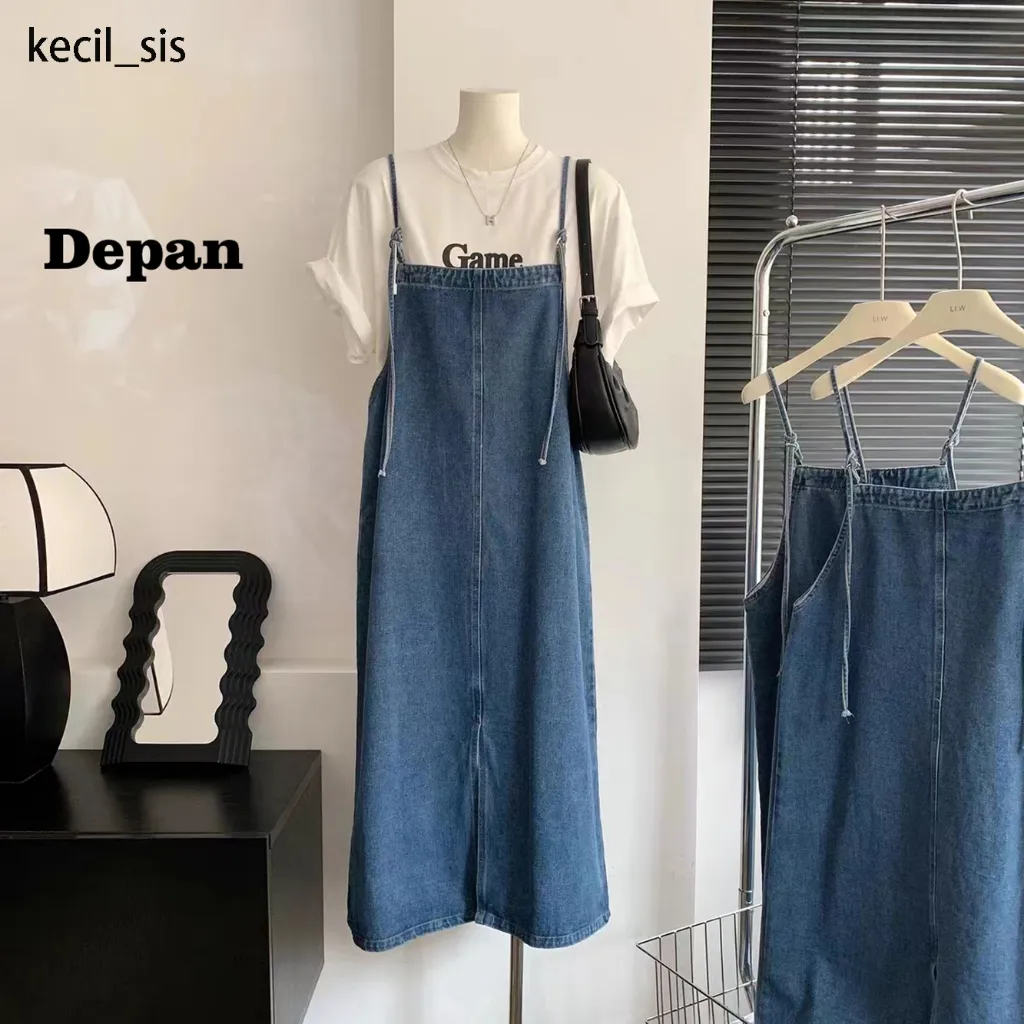Stok Siap Dress Midi Dress Jumbo Wanita Dress Korean Style Dress Jeans Wanita Dress Denim Overall Dress Jumbo