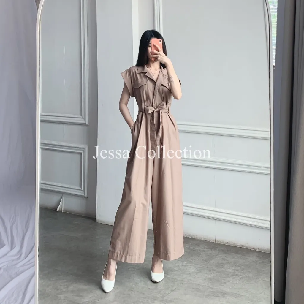 Premium Odysee Long Jumpsuit TH 992 1071 COTTON Overall Wanita Pocket Terusan Celana Panjang Tangan Pendek Motif Polos Casual