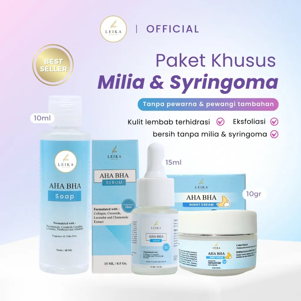 Paket 3 in 1 Leika Skincare AHA BHA Night Cream, AHA BHA Serum & AHA BHA Soap BPOM Paket Khusus Mengatasi Milia Syringoma Di Bawah Mata Mengangkat Sel Kulit Mati Penghilang Milia Siiringoma Paling Ampuh Jerawat Bruntusan Milia Bintik Bintik Putih