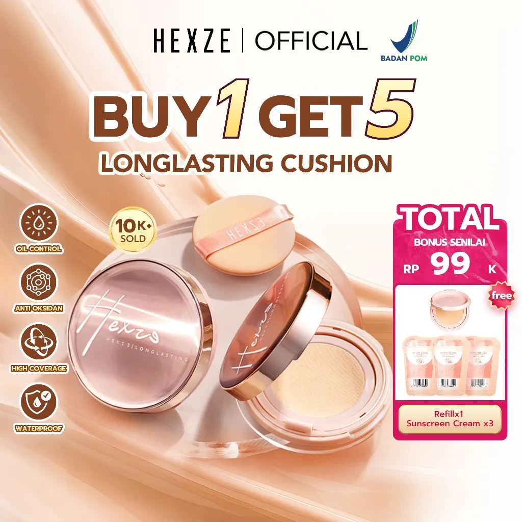 HEXZE Long Lasting Cushion Foundation | Waterproof Brightening, Antioksidan & Flawless Look