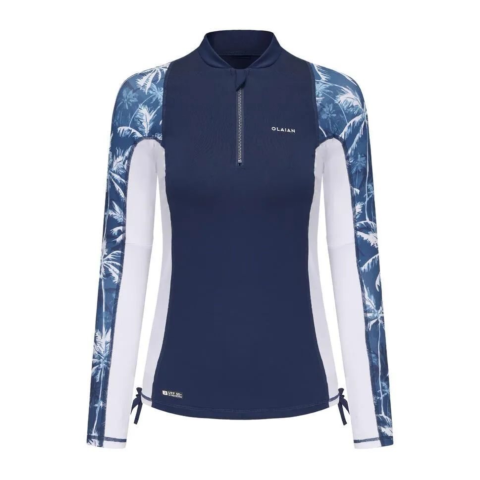 Decathlon Kaus Lengan Panjang Selancar Anti UV Wanita 500 - Motif Palem Biru/Putih - 8919083