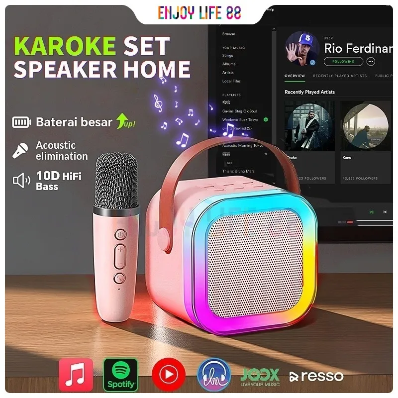 K12 Speaker Bluetooth dan Mic Actual Bluetooth Mini Lespeaker Portable Karaoke Speaker with 2 MIC 1 SET RGB Lampu Home KTV Kecil karokean Speaker Bluetooth Spiker Audio ull Bass Wireless Musik Box Rumah