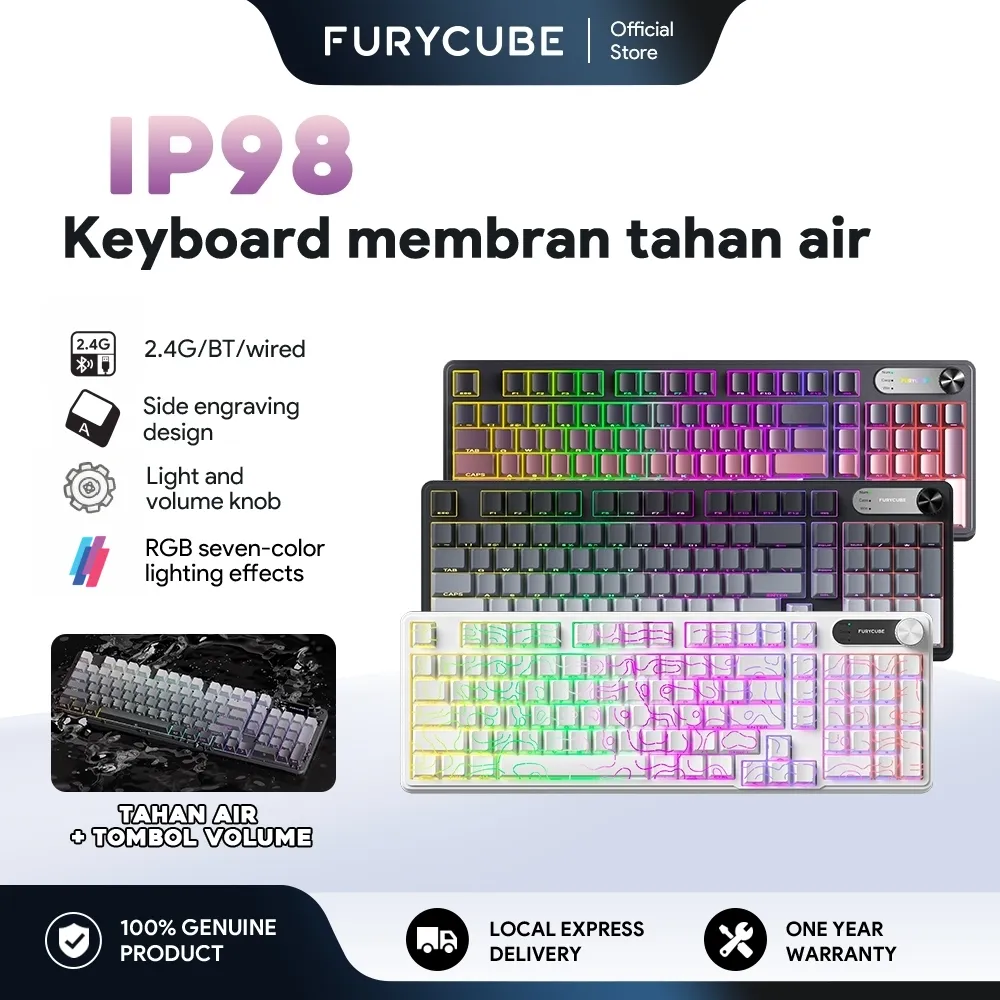 FURYCUBE IP98 Membrane Keyboard Wireless Type C Waterproof Keyboar Gaming Office Gradient With Knobs Kibot RGB Mechanical Feel