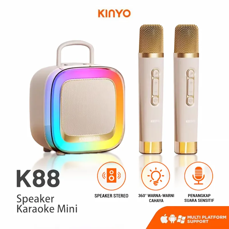 KINYO K88 Ready Stok Speaker Karaoke Portable Mini 2MIC Bluetooth 54 Wireless RGB Lampu Full Bass 9D Stereo Audio Rumah Pesta