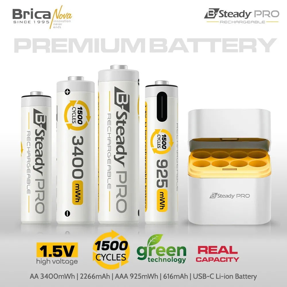Brica B-Steady PRO 1.5V AA - AAA -9V - D-Size - Li-Ion Rechargeable Battery - Free T-Shirt - Battery Series - Baterai AAA - AA - Battery Rechargeable - Baterai Isi Ulang - baterai aaa - baterai aa