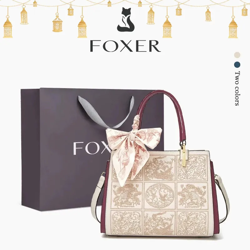 FOXER Tas Selempang Wanita Bordir Kerajinan Bahan Kulit Sapi Tas Tangan Berkapasitas Besar
