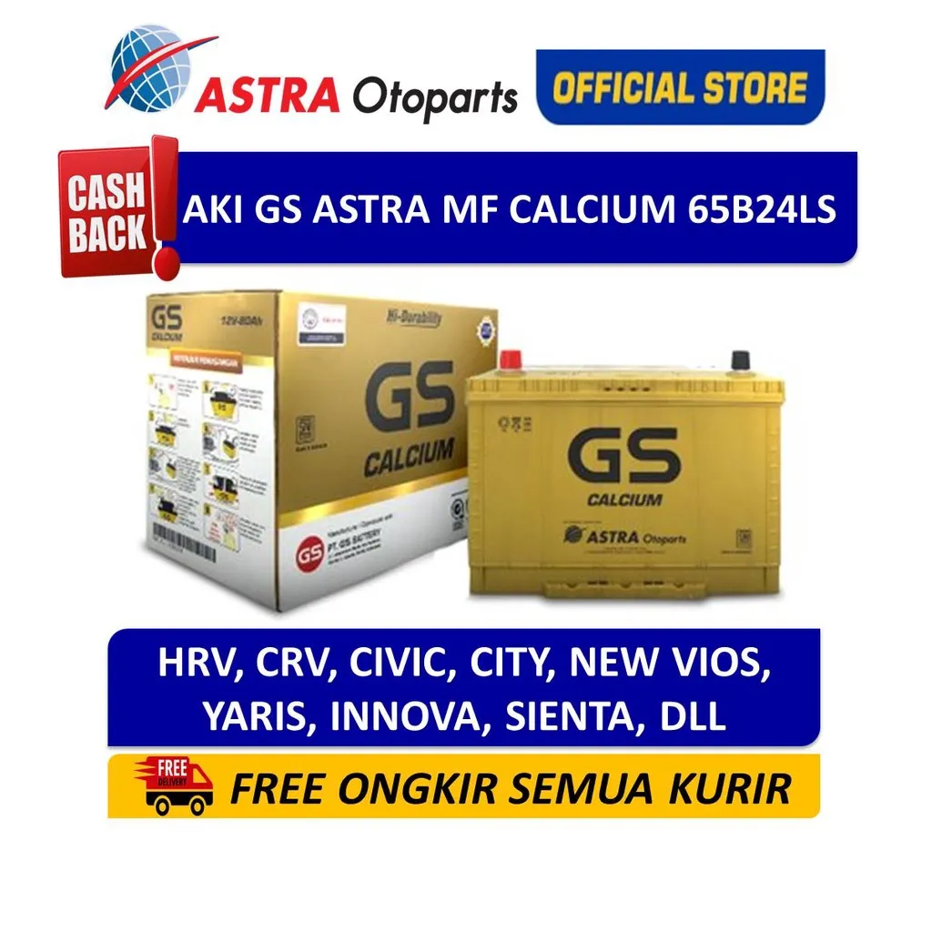 GS ASTRA Calcium 65B24LS aki untuk mobil Honda HRV, CRV, City, Civic, Toyota New Vios, Yaris, dll