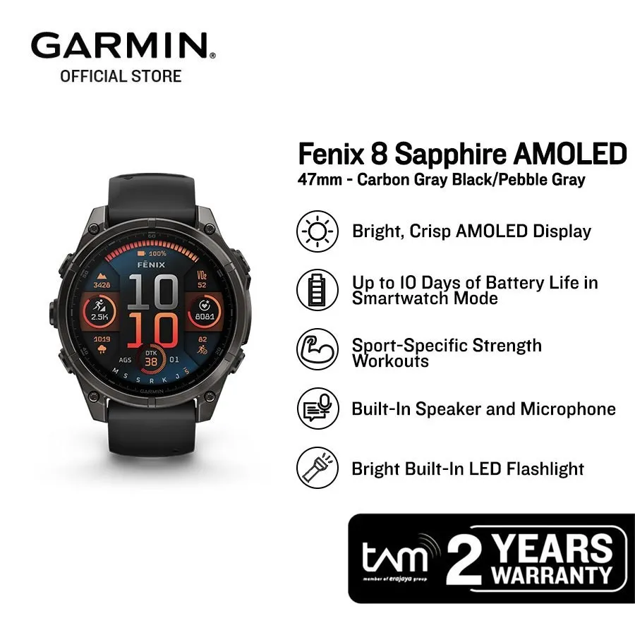 Garmin Fenix 8 Sapphire AMOLED 47mm - Carbon Gray Black/Pebble Gray