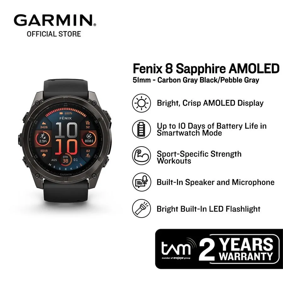 Garmin Fenix 8 Sapphire AMOLED 51mm - Carbon Gray Black/Pebble Gray