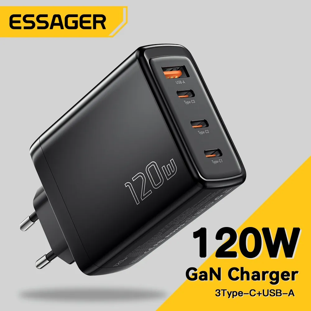 Essager Extreme Kepala Charger Adaptor Multiport 120W GaN 3 USB C + USB A Fast Charging Untuk Notebook Laptop Table Macbook iPad Pro iPhone Samsung Oppo