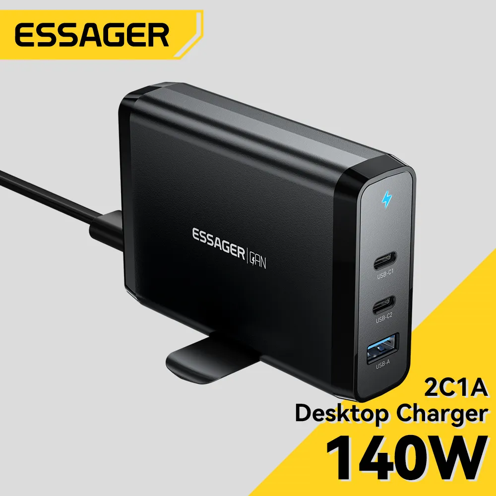 Essager Kepala Adaptor Charger GaN 3 Port Dual Type C + USB A Output Fast Charging 140W Untuk Laptop Macbook iPad Air Pro Samsung iPhone Oppo Vivo