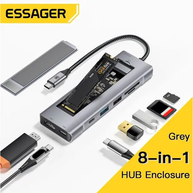 Essager USB C HUB 8-in-1 Laptop with 10Gbps External Hard Drive Function Untuk M.2 PCIe NVMe and SATA SSD Laptop Macbook Pro Air