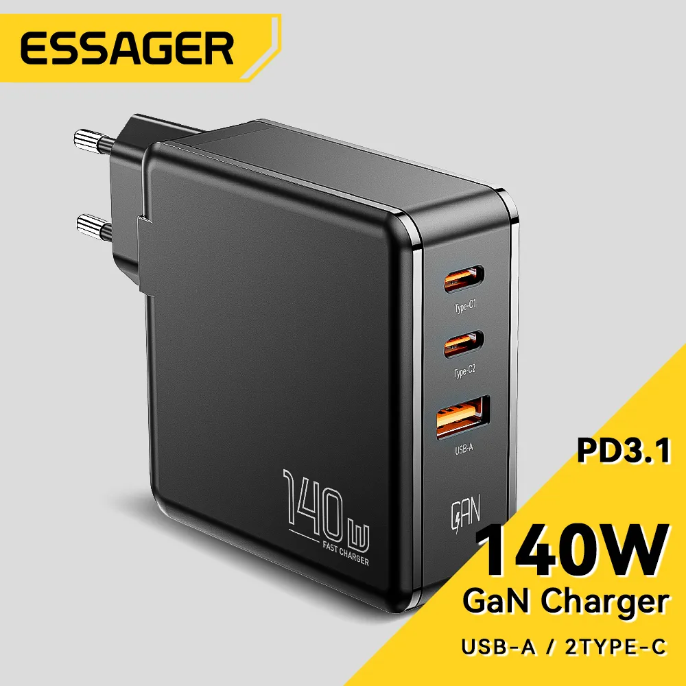 Essager Adaptor Kepala Charger GaN 3 Port Output Fast Charging 140W PD 3.1 Untuk Laptop Macbook iPad Air Pro Samsung iPhone