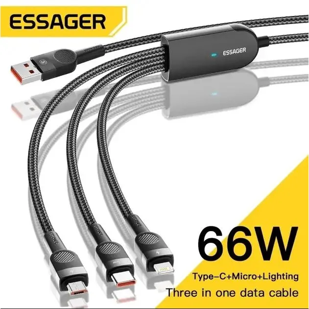 Essager Swift 3 In 1 Kabel Charger Micro USB Type C Lightning Fast Charging 66W Data Cable iPhone 7 8 X Android Samsung Huawei Oppo Vivo