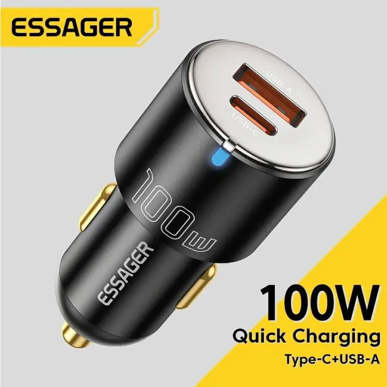 Essager Adaptor Car Charger Mobil  USB A + USB C Fast Charging 100W Untuk Samsung Huawei iPhone Oppo Vivo