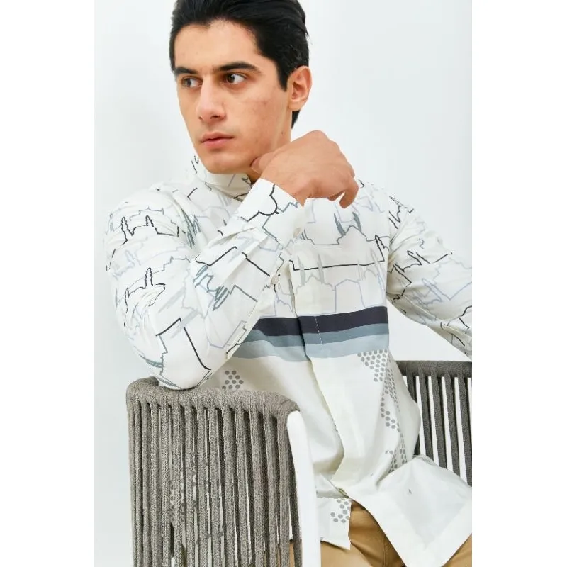 ALDEBARAN- Kemeja Koko Line Art Lengan Panjang Broken White 100% Katun
