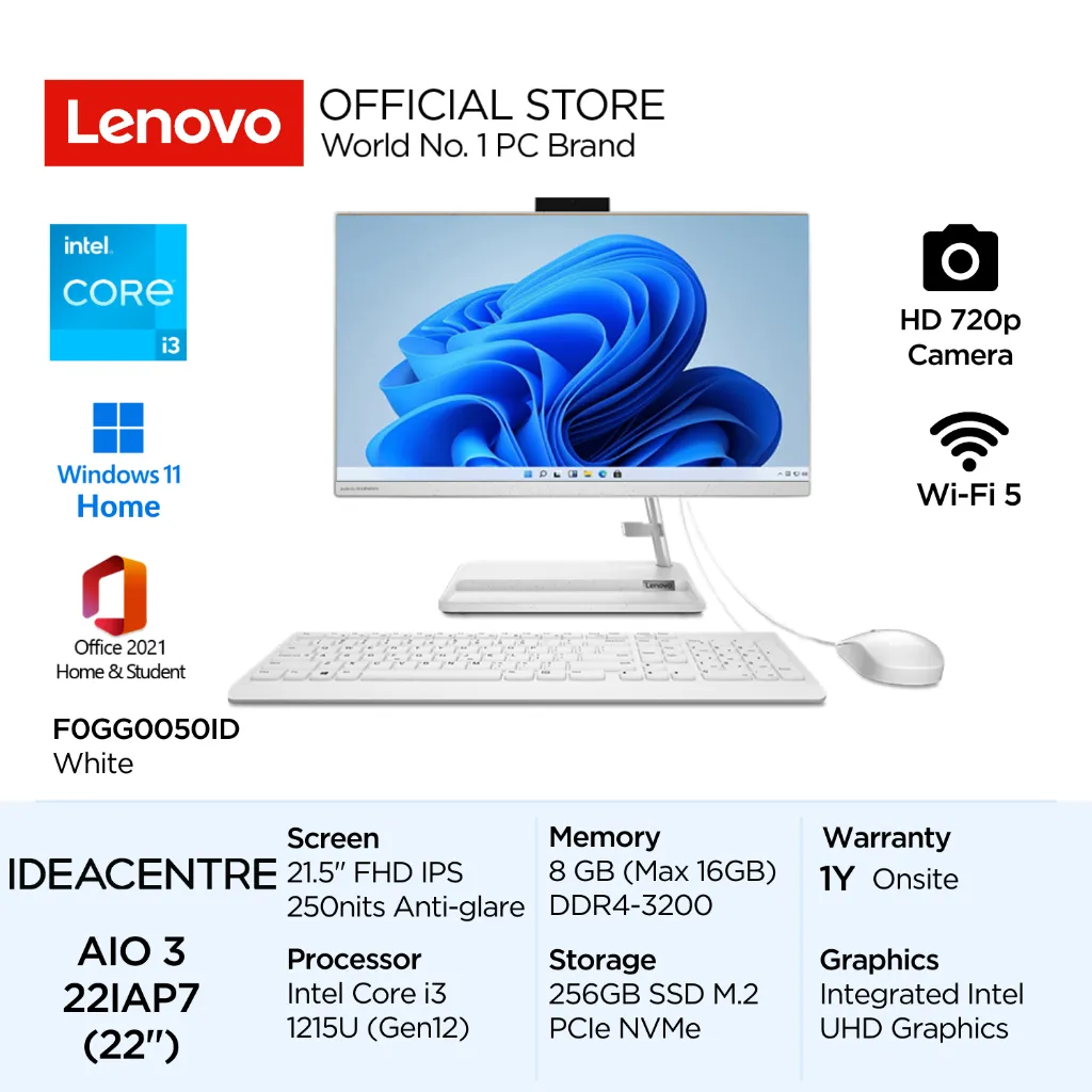 Lenovo PC IdeaCentre AIO 3i 22IAP7 Intel Core i3 1215U Win11 Home 8GB 256GB SSD 21.5" FHD IPS 72% NTSC Antiglare Integrated WiFi5 OHS Desktop All-in-One 50ID 4YID 22inch White F0GG0050ID Black F0GG004YID Wired Keyboard Mouse Windows Office