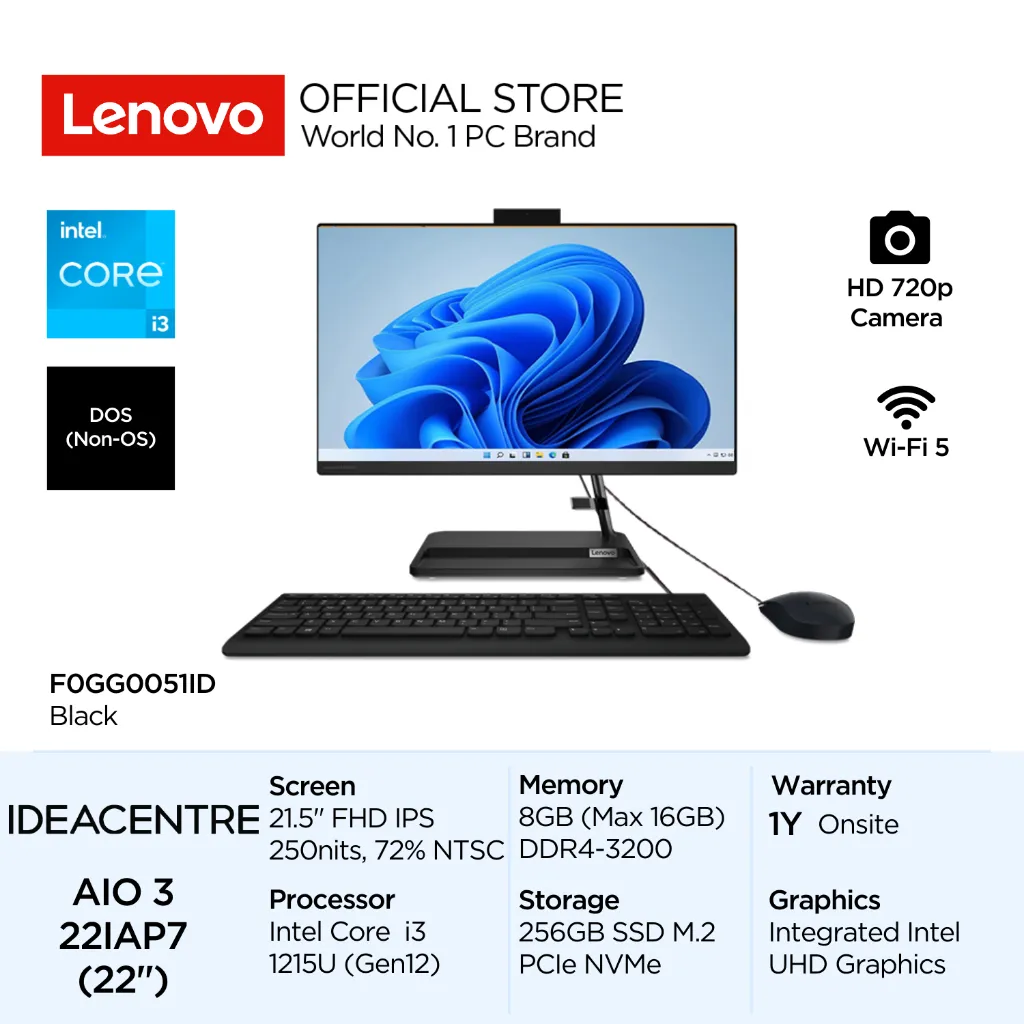 Lenovo PC IdeaCentre AIO 3i 22IAP7 Intel Core i3 1215U DOS 8GB 256GB SSD 21.5" FHD IPS 72% NTSC Antiglare Integrated HD720p WiFi5 51ID 52ID All-in-One Desktop 22inch Black F0GG0051ID White F0GG0052ID Wired Keyboard Mouse Garansi 1 Tahun Onsite