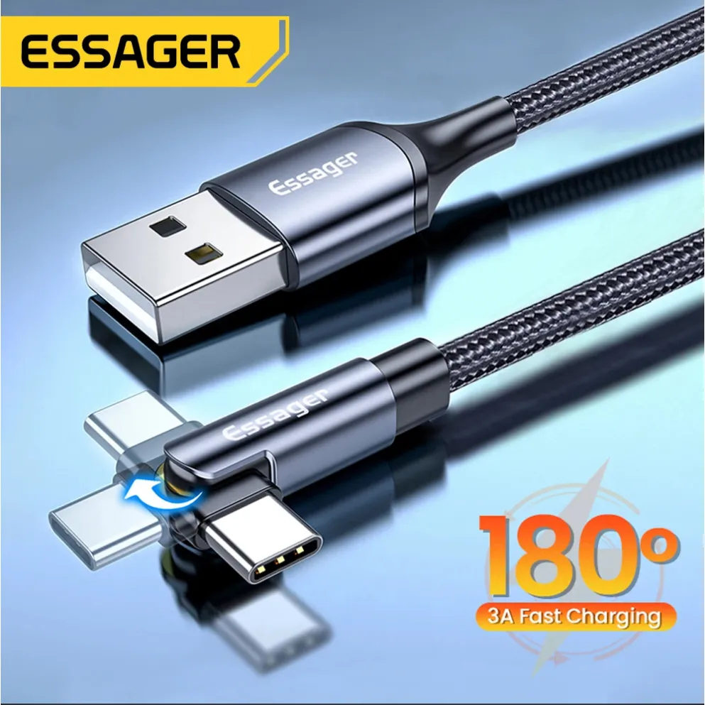 Essager Kabel Charger USB To Type C 180 Rotate Elbow Gaming Cable Data Nylon Braided Fast Charging 3A Oppo Vivo Huawei