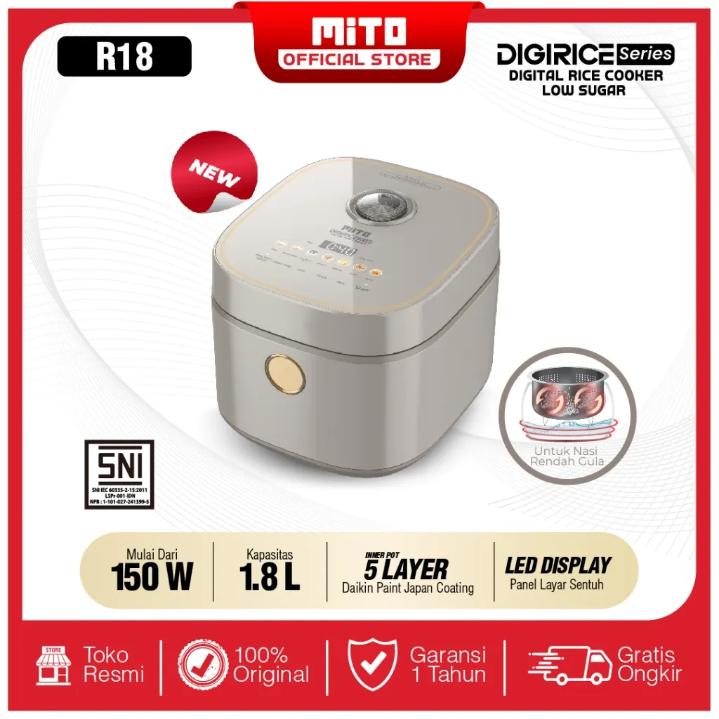 MITO Digital Rice Cooker 1.8 Liter R18 - Rice Cooker Low Sugar dengan 8 Menu Preset, Inner Pot Anti Lengket dan Tahan Baret, Daya Rendah 150W