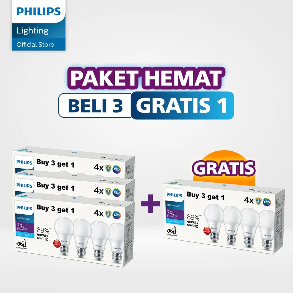 Philips Paket Beli 3 Gratis 1 Multipack Radiantline 7W 6500K