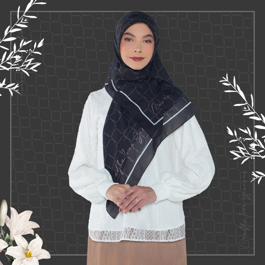 MANDJHA Monogram Crown Black Scarf By IVAN GUNAWAN - Jilbab Hijab Segi Empat ORIGINAL MANDJHA