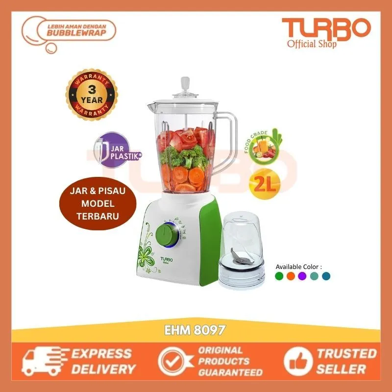 [New] Turbo Blender Plastik 2 Liter Plus Dry Mill EHM8097 Model Baru Jar & Pisau - Original