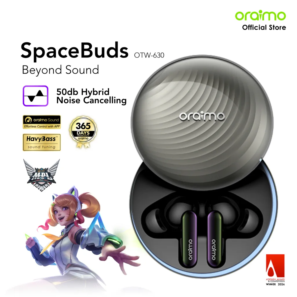 oraimo x Mobile Legends MPL TWS Headset Bluetooth v5.4 Spacebuds OTW-630 Hybrid Peredam Kebisingan Stereo Nirkabel Sejati ANC Noise Cancelling 40H Waktu Putar Earbud Gaming HavyBass IP54 Tahan Debu Air
