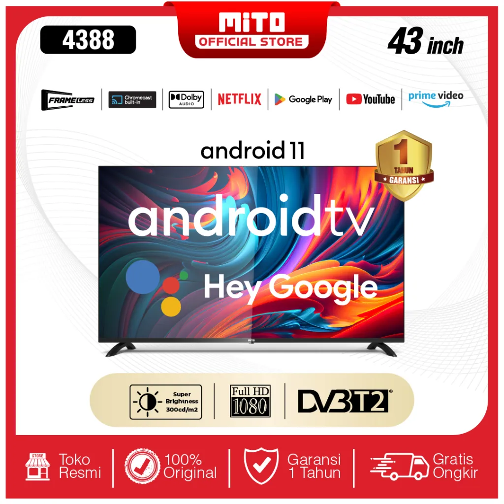MITO Android TV 4388 43 inch- Android 11.0 - FHD - Voice Search/Google Play/Netflix/Youtube - WIFI/HDMI/Bluetooth/DVB-T2