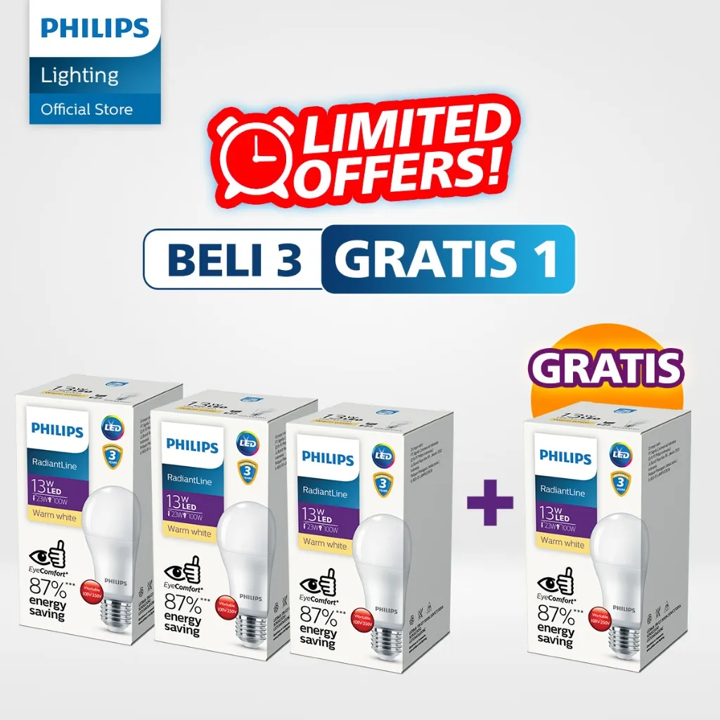 Philips Beli 3 GRATIS 1 Radiantline LEDBulb 13W 3000K Kuning