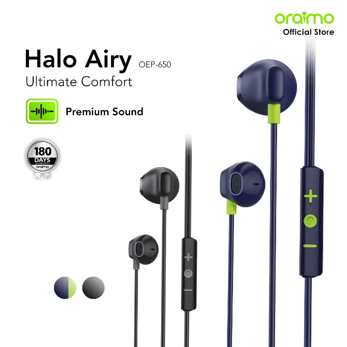 oraimo Earphone Bass Kabel Headphone Tipe-C Halo C 1.2 Meter Hitam Biru OEP-650 Earphone Headset Kabel Mic Bass Stereo Wired Murah Gaming Sport Type-C Black Blue