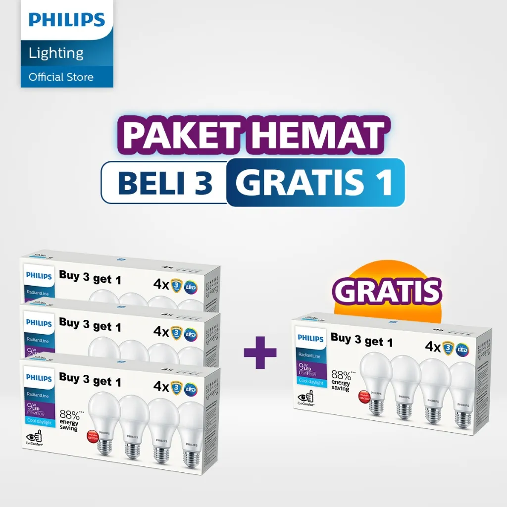 Philips Paket Beli 3 Gratis 1 Multipack Radiantline 9W 6500K
