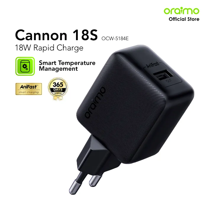 oraimo Charger Handphone Cannon 18W OCW-E5184 Pengisian Cepat Pengisian Cepat Pengiriman Daya PD 2.0 Manajemen Suhu Cerdas Portabel Ukuran Ringkas Micro USB Type-C