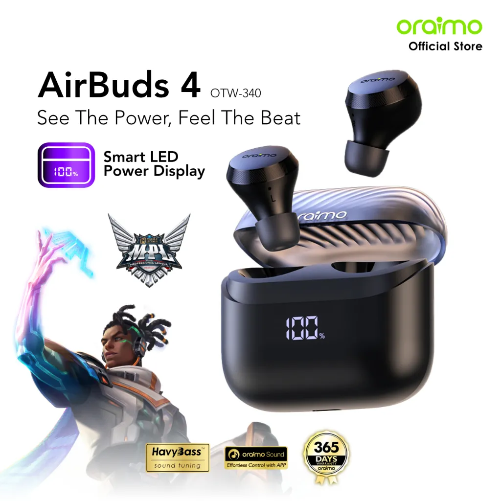 oraimo x MPL Mobile Legends TWS AirBuds 4 OTW-340MPL Edisi Kolaborasi Khusus Tampilan LED Stereo Nirkabel Sejati Bluetooth Gaming Baterai Latensi Rendah 38H IPX4 Tahan Air