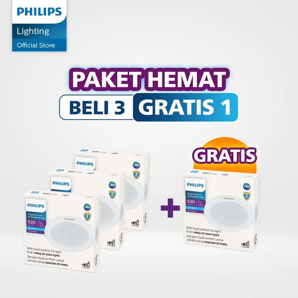 Philips Paket Lampu Lebih Cuan Beli 3 Gratis 1 LED Downlight DL190B 7W 6500k Putih