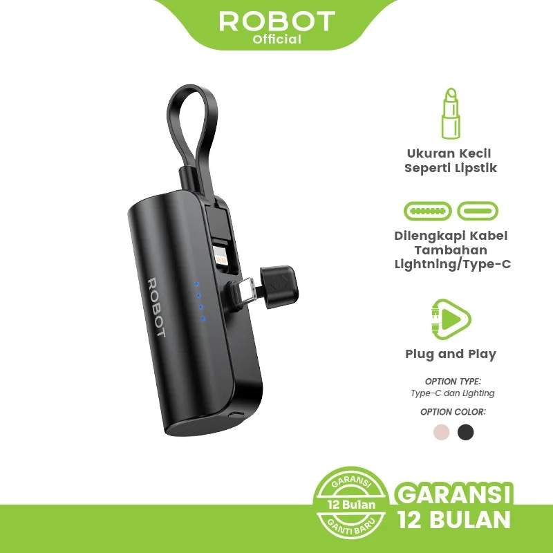 ROBOT Mini Powerbank RP-051C RP-051L 4500mAh Type-C Lightning Dual Input Travel Size Portable Stand Function Kabel Tali Genggam Desain Ringkas Original - Garansi 1 Tahun