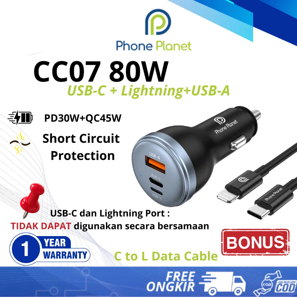Phone Planet CC07 80W Multi Port Car Charger USB A, USB C, Lightning + Kabel Type C ke Lightning
