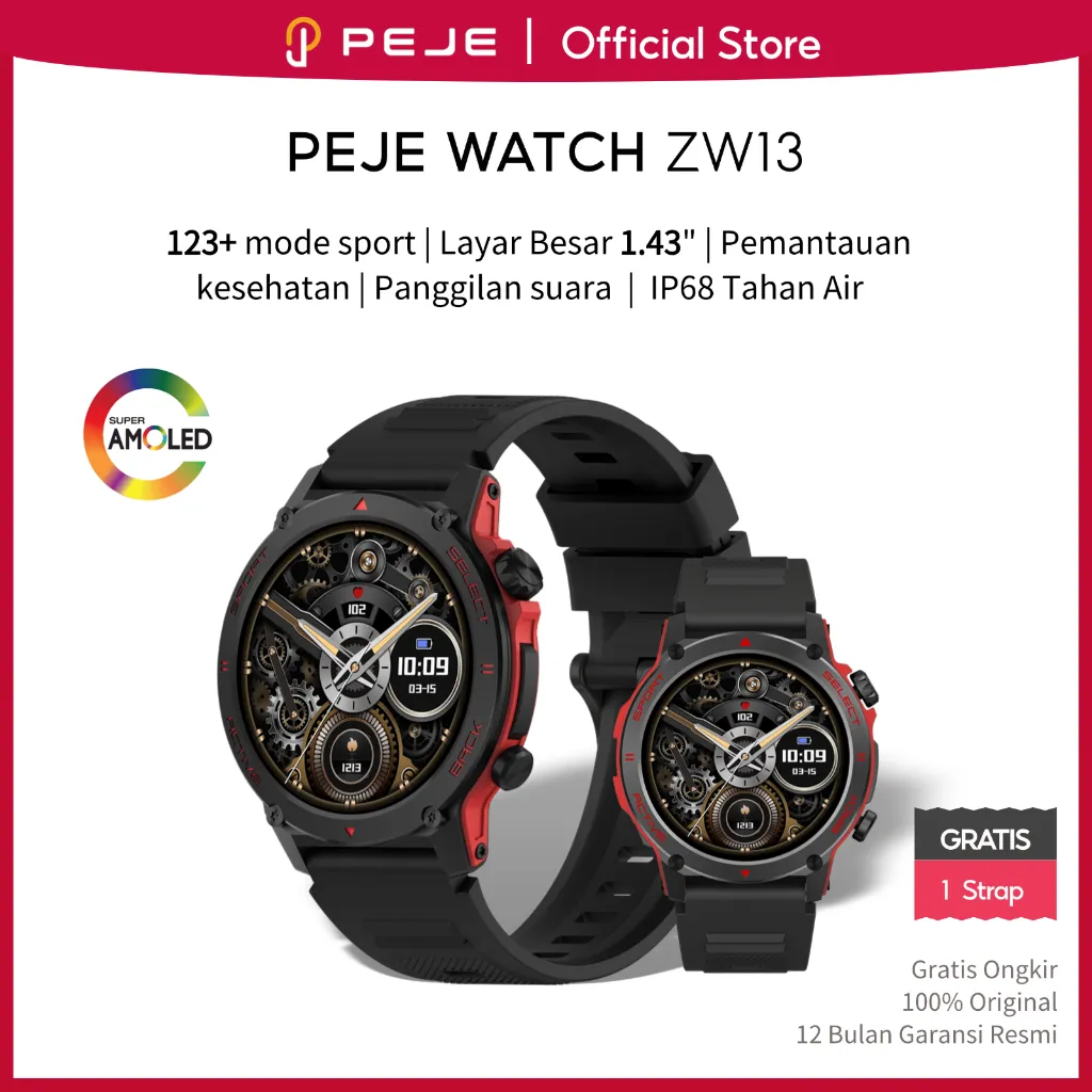 PEJE Smartwatch Pria ZW13 Jam Tangan Pintar Amoled HD Screen IP68 WaterProof  15day Strong Endurance