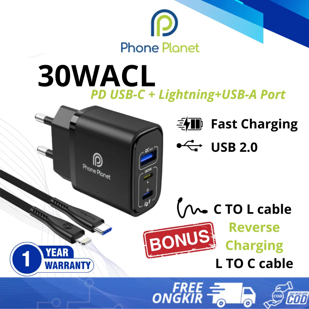 Phone Planet 30WACL Charger Bonus Kabel Type C to Lightning dengan 30W USB-L+C+A